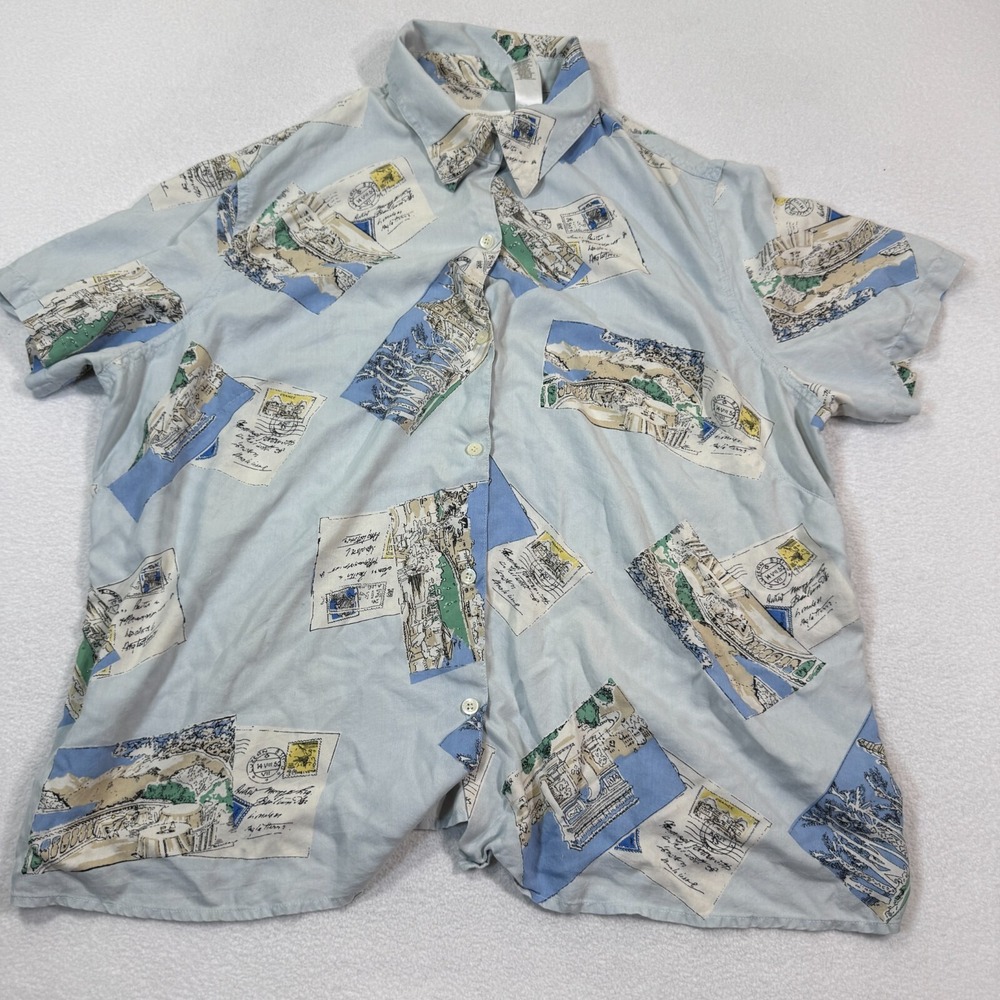 Liz Claiborne Blouse‎ Womens 1X Blue Silk Postcard Print Button Shirt VTG